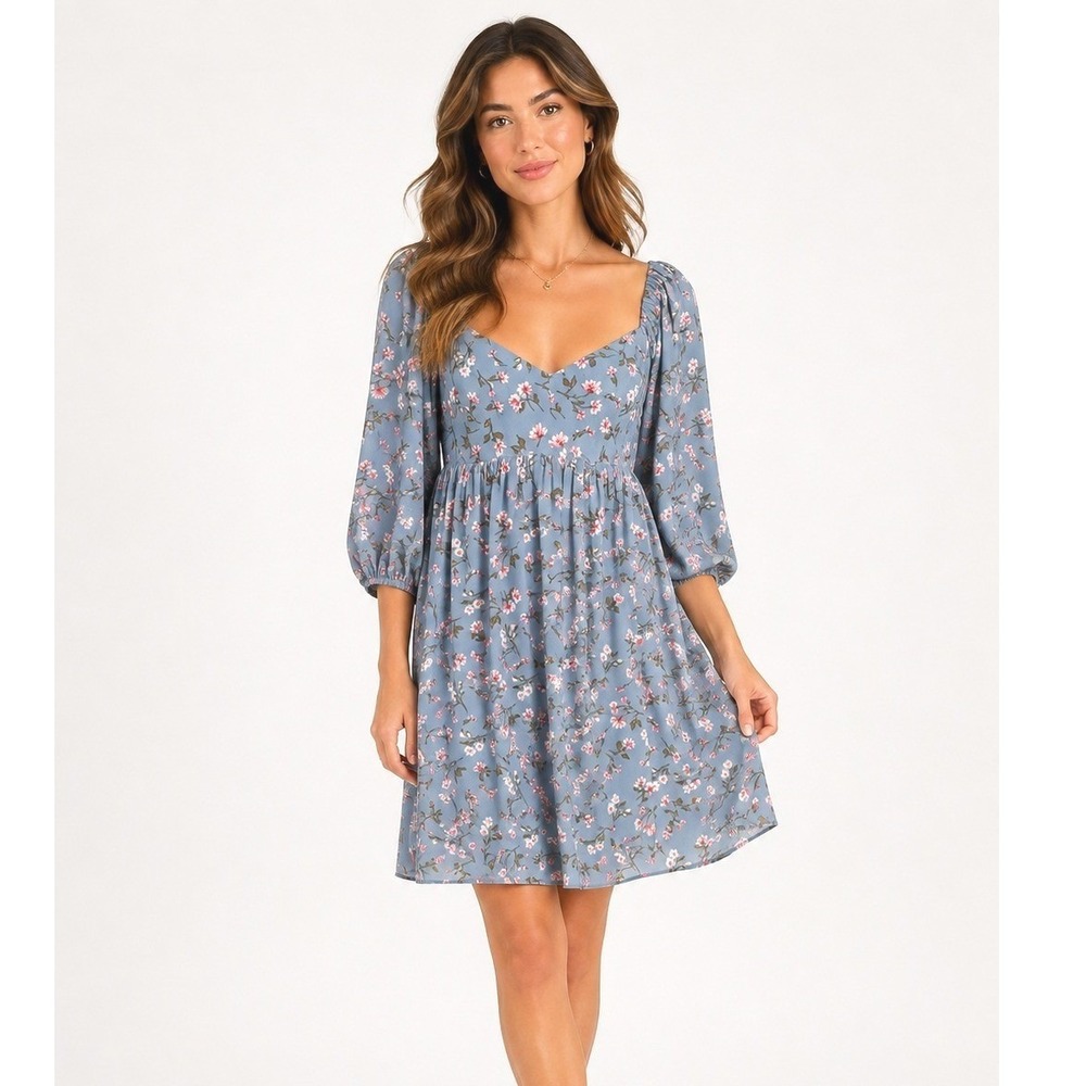 WAYF Blue Floral Smocked 3/4 Sleeve Mini Dress Women's Size‎ M Cottagecore